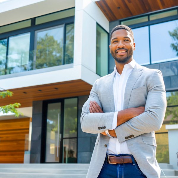 Confident African American man real estate agent stands proudly outside a modern home, radiating expertise and approachability, ready to assist potential house buyers